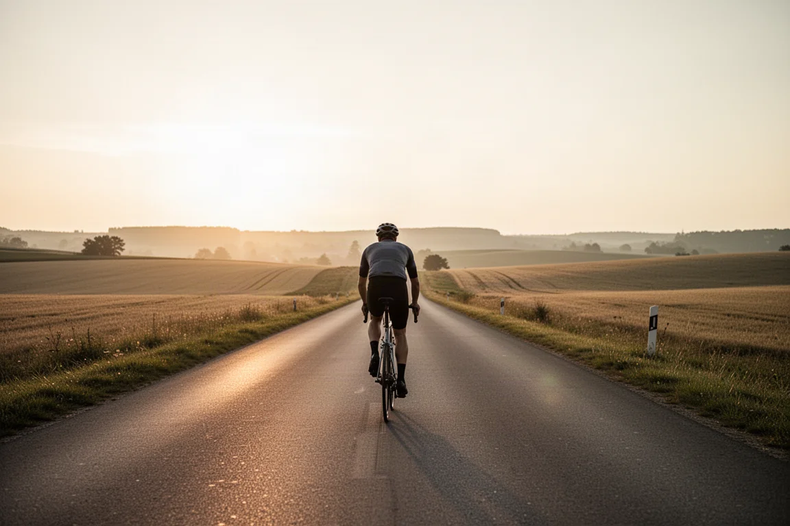 Radfahrer auf einer langen Solofahrt entlang einer offenen Landstraße