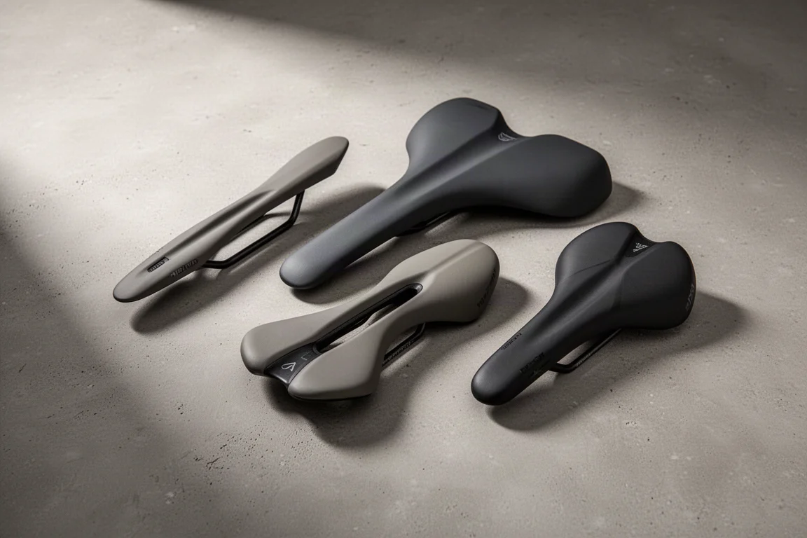 Four road bicycle saddles of different shapes arranged on a concrete surface