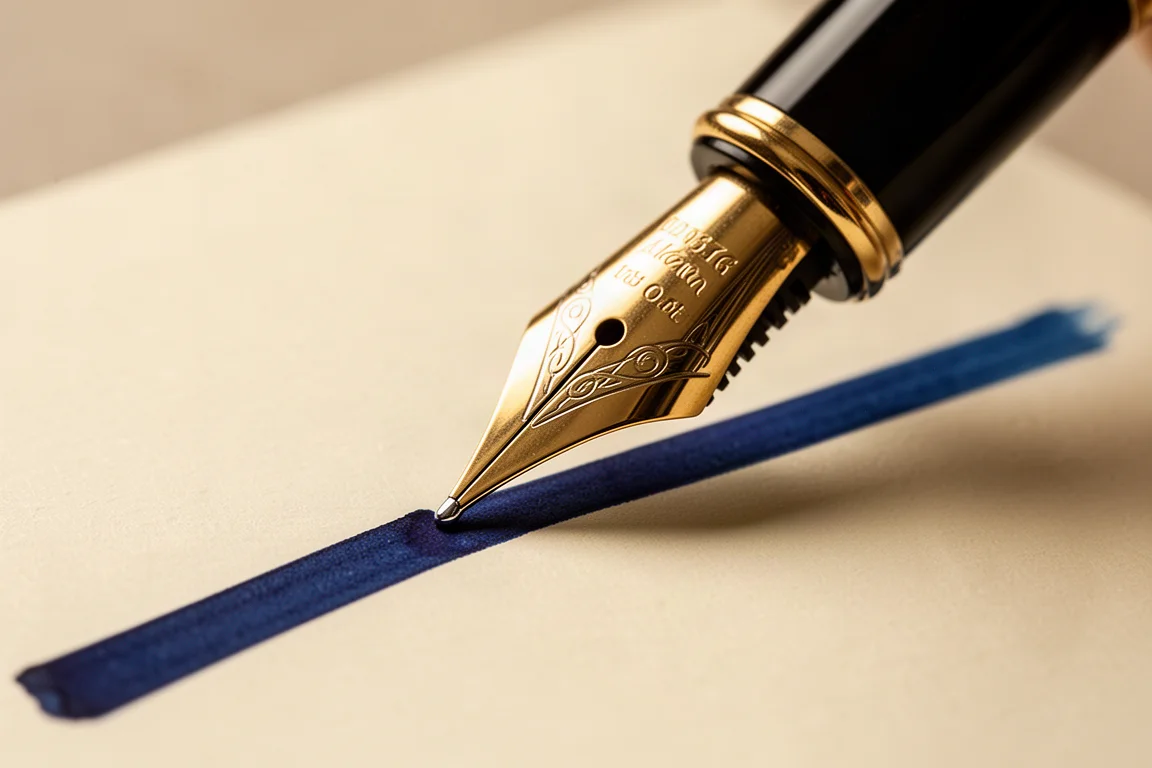 Zbliżenie na dużą złotą stalówkę pióra wiecznego opartą na papierze z mokrą linią atramentu