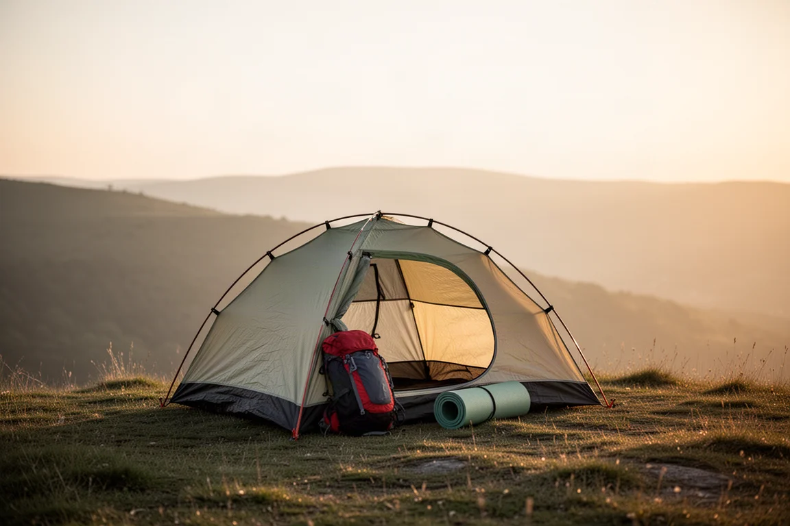 Kleine backpacking-tent opgezet op een grasrichel tijdens het gouden uur met heuvels op de achtergrond