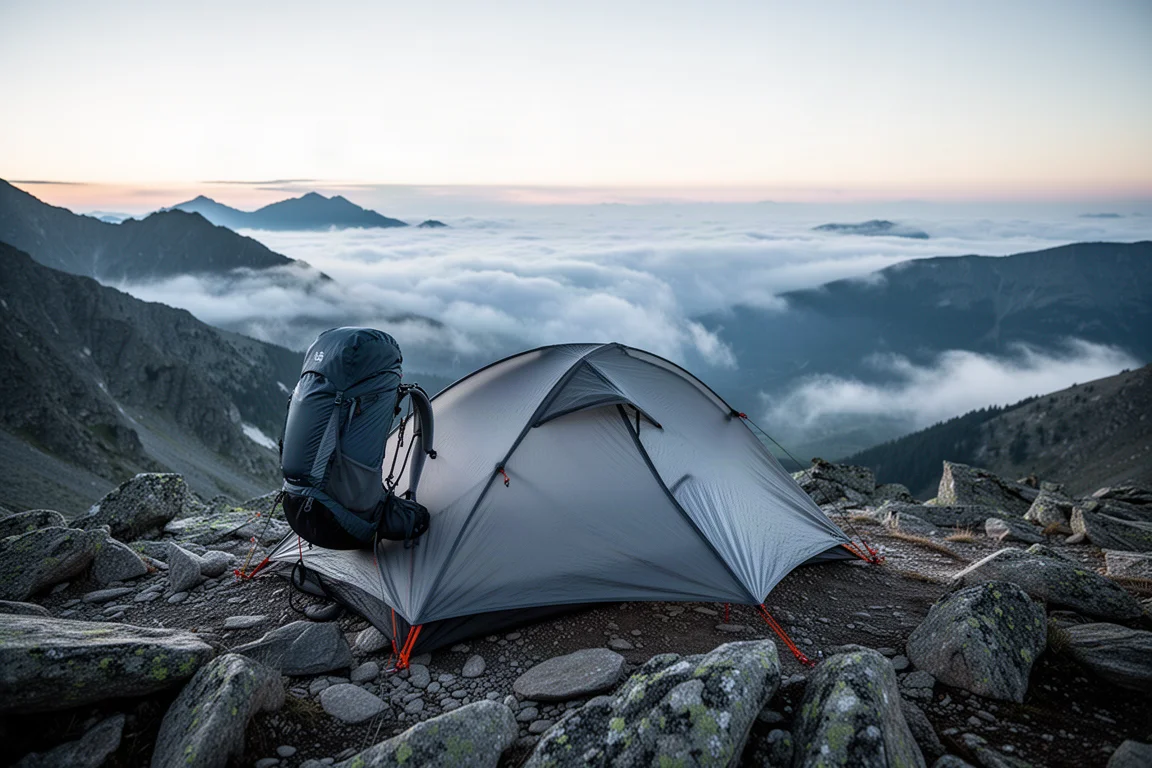 Ultralichte tent op een rotsachtige alpiene richel boven een vallei bij het eerste licht