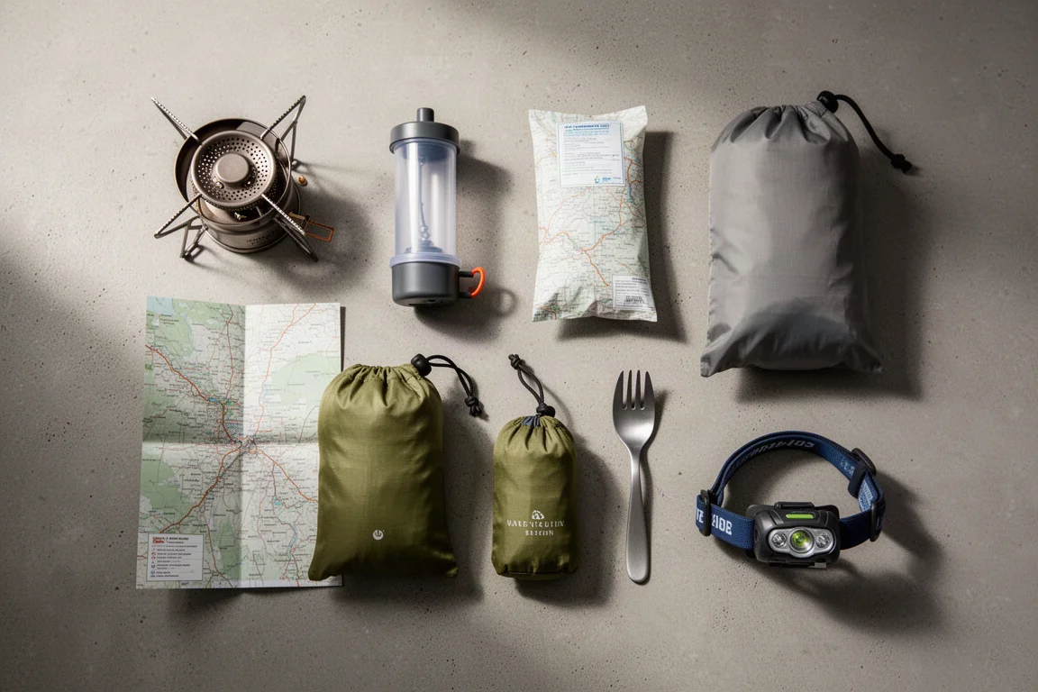 Flat lay van backpacking-uitrusting op beton met brander, filter, kaart en stuff sacks