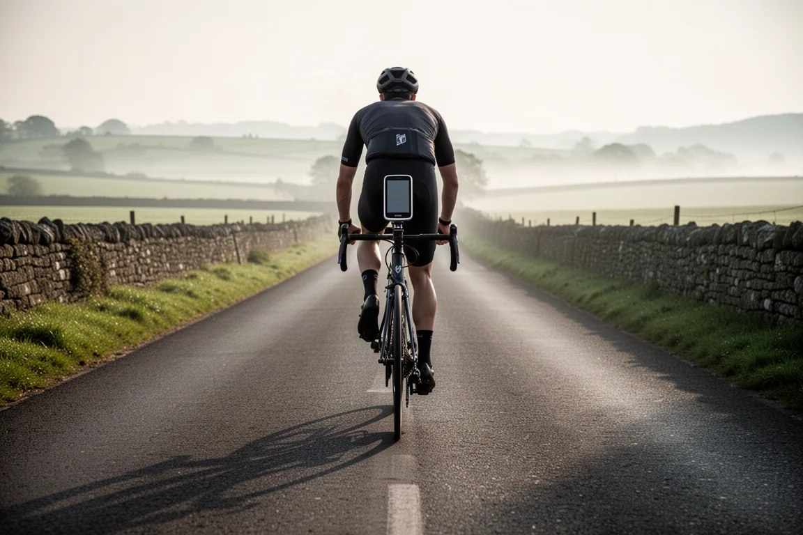 Wielrenner op een open landweg in de vroege ochtend met een grote GPS-fietscomputer op het stuur