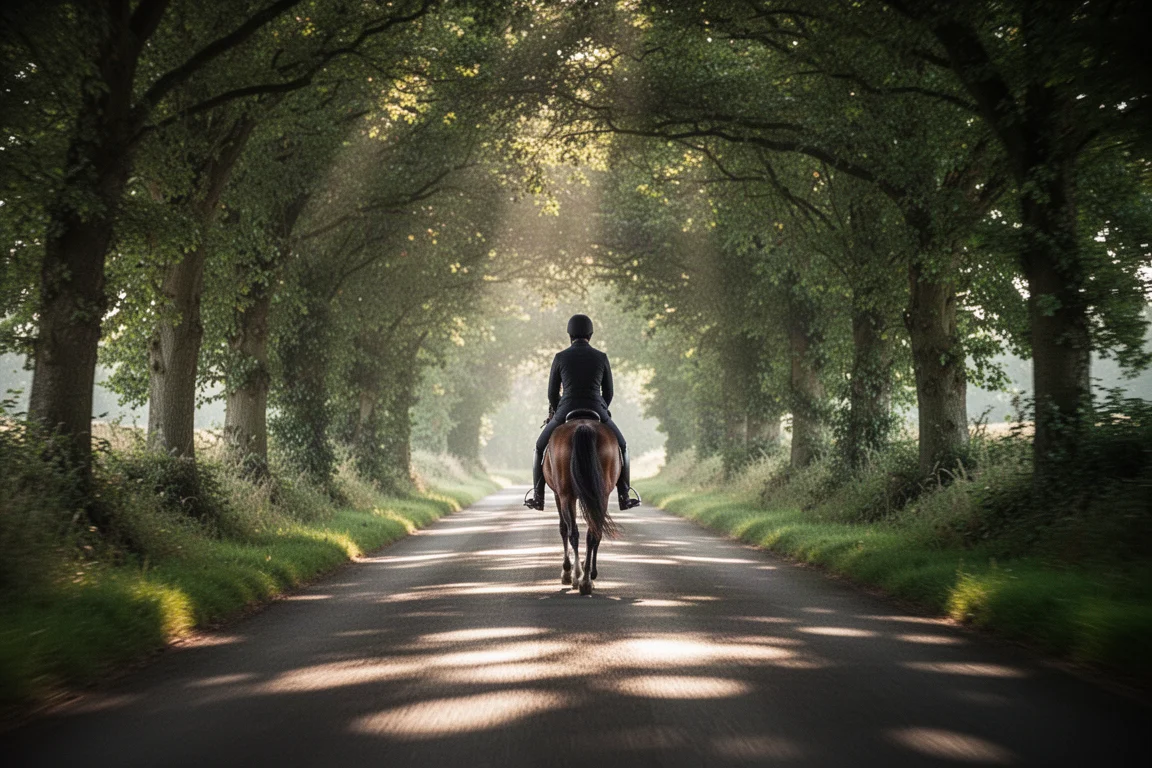 Fietser onder een bladerdek met lichtvlekken, terwijl zonlicht over een landweg strijkt