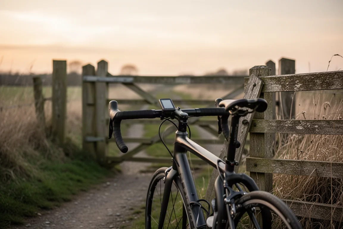 Racefiets tegen een houten hek op een stille landweg tijdens het gouden uur