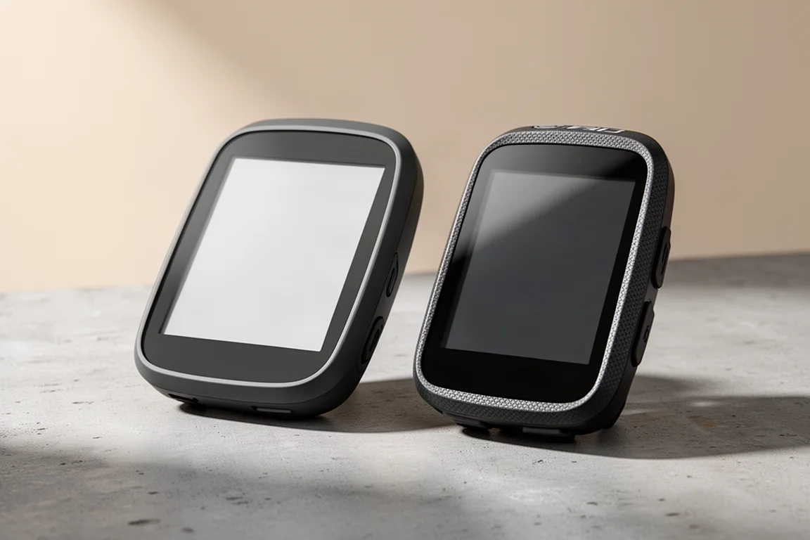 Two flagship GPS bike computers side by side on a matte concrete surface