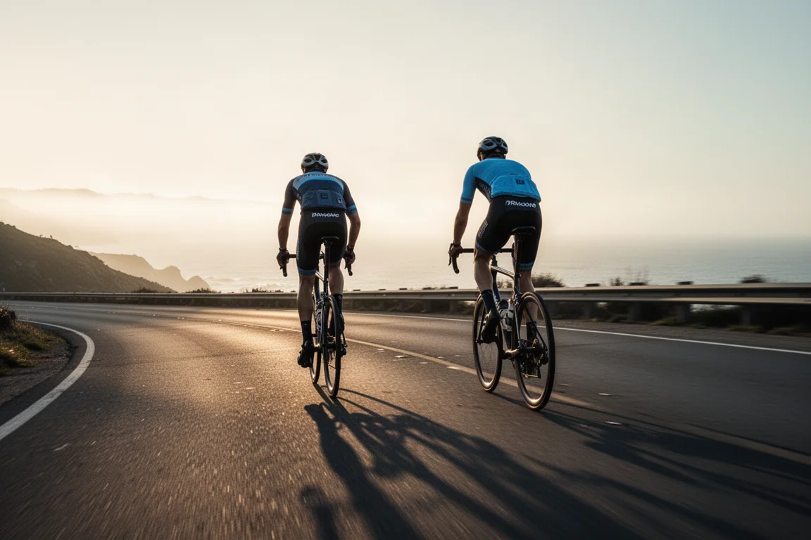 Ciclista de estrada pedalando por uma estrada costeira na hora dourada