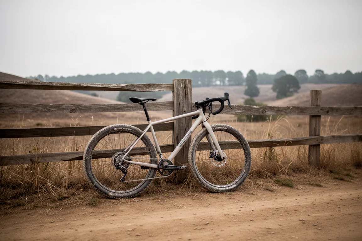 Bicicleta de gravel encostada em uma cerca ao lado de uma pista de terra