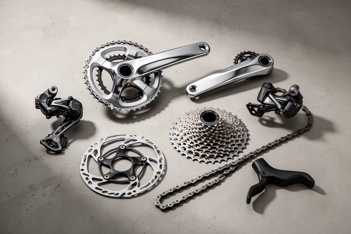 Bicycle groupset components arranged on a concrete surface