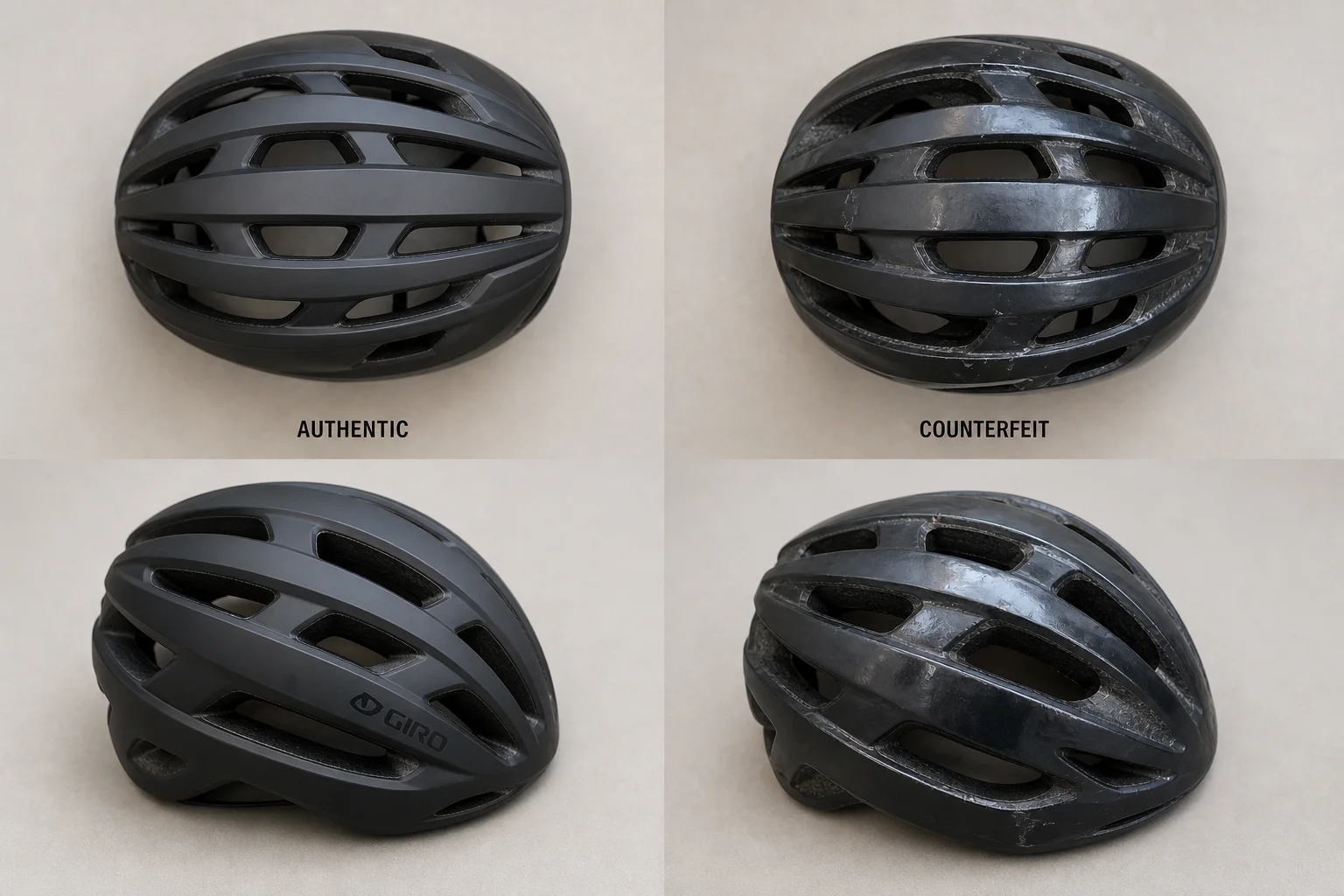Comparison of authentic and counterfeit helmets showing structural differences