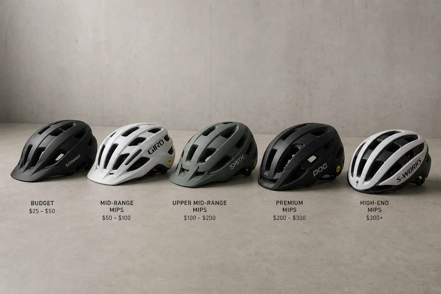 Five bike helmets of varying styles and price points arranged on concrete
