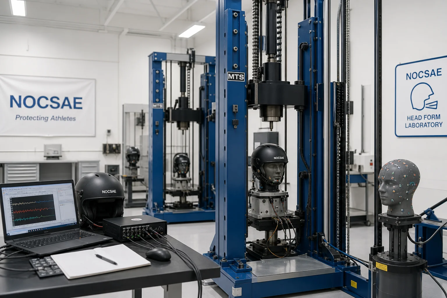 Laboratorio de pruebas de cascos de Virginia Tech con equipos de impacto y moldes de cabeza