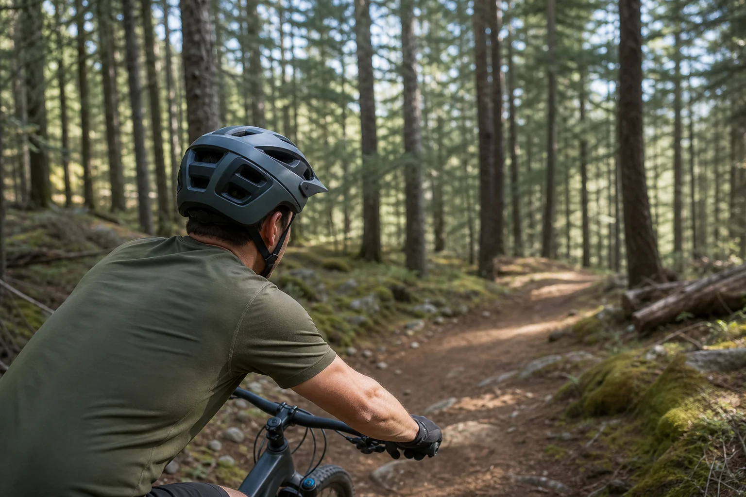 Ciclista con un casco correctamente ajustado en un sendero de bicicleta de montaña