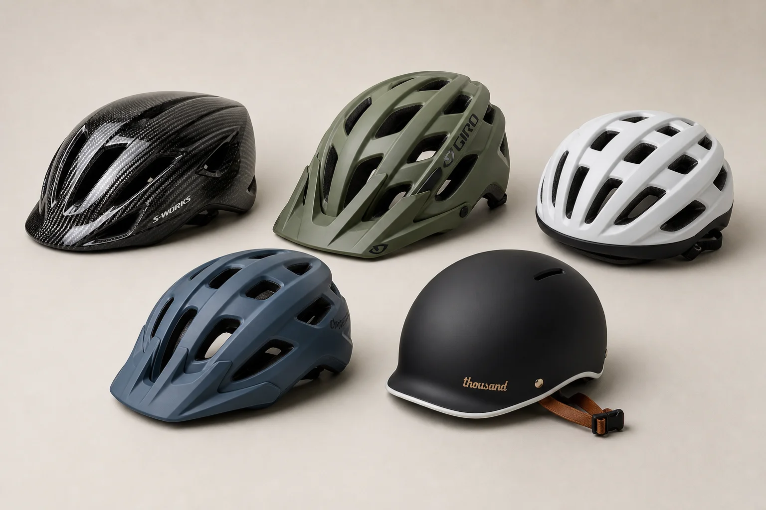 Colección de cascos de bicicleta de varios estilos y rangos de precio sobre un fondo neutro