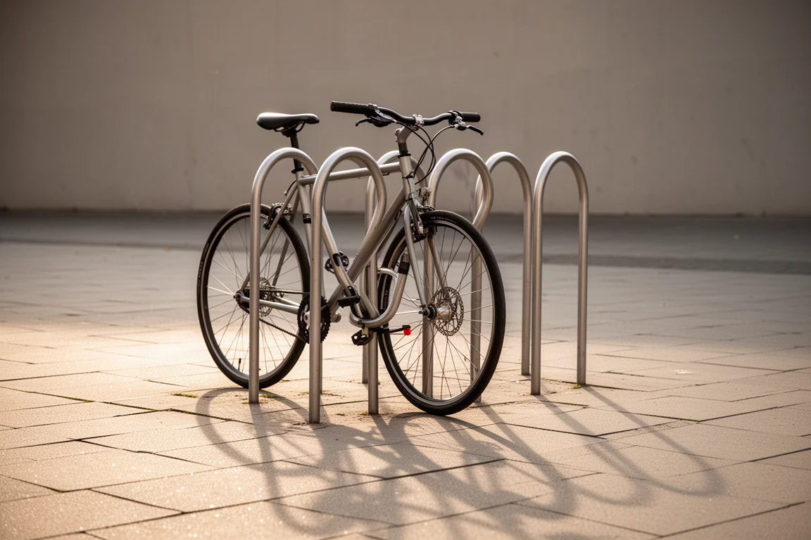 Bici legata a una rastrelliera ad arco in acciaio su un marciapiede tranquillo in città con luce di tardo pomeriggio