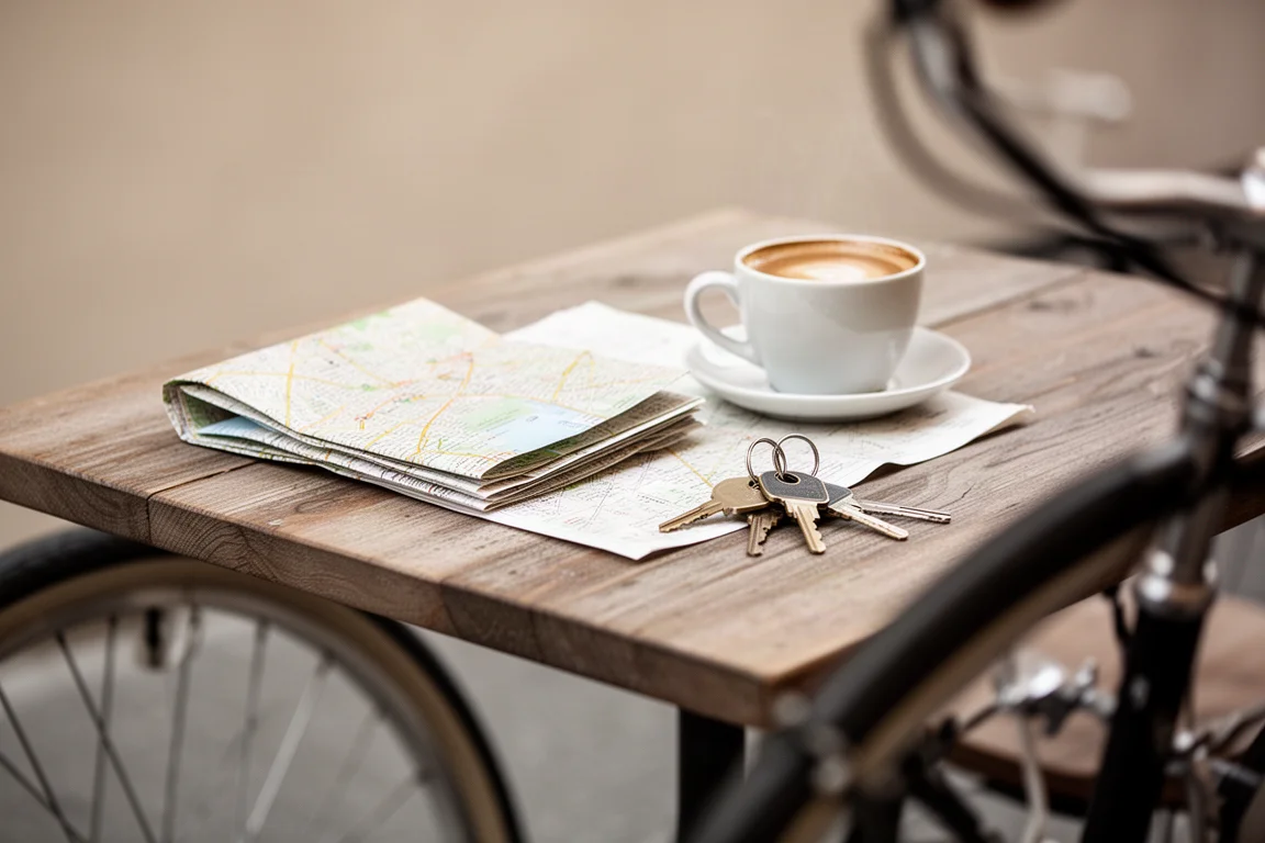 Tavolo di un bar con caffè, una mappa piegata e chiavi, una ruota di bici sfocata in primo piano