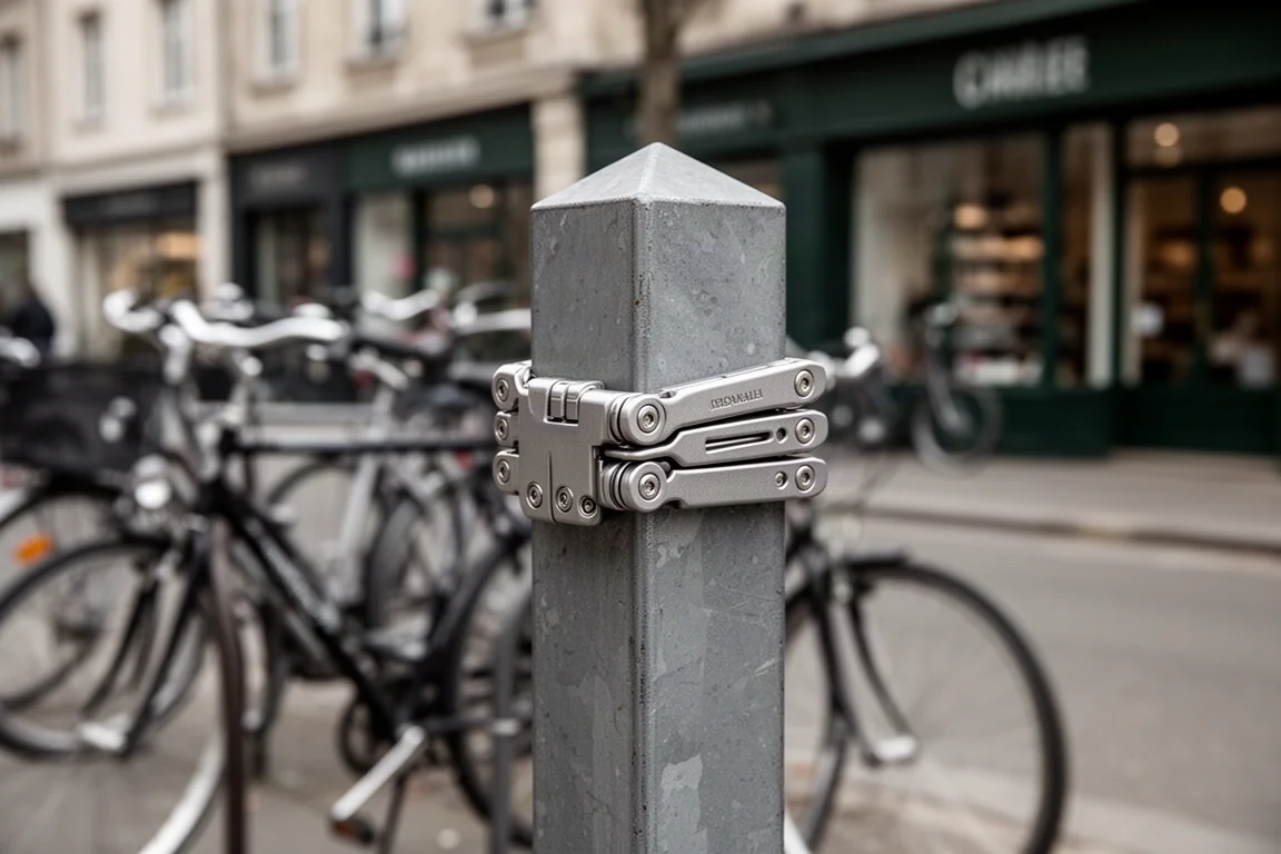 Lucchetto pieghevole avvolto intorno a un palo quadrato in acciaio su una strada cittadina con bici parcheggiate dietro