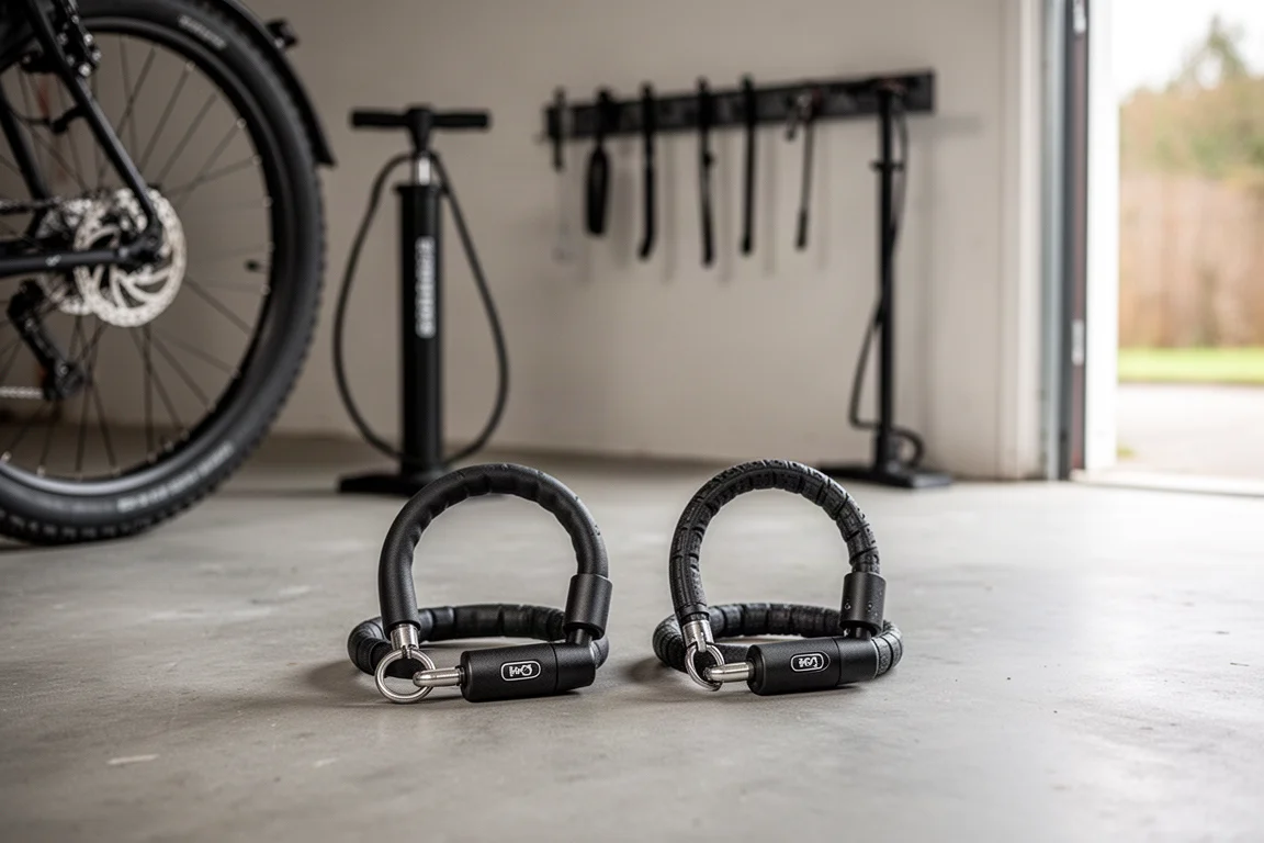 Due lucchetti per bici su un pavimento di cemento del garage accanto a una ruota posteriore e una pompa