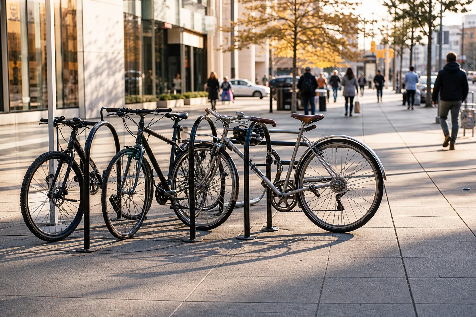 Urban bike rack with multiple bicycles locked in a well-lit public space