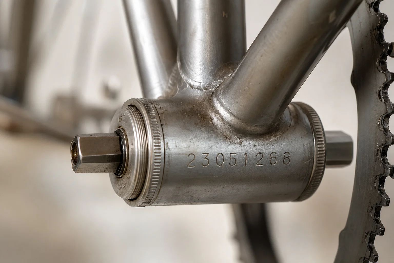 Close-up of a bike serial number on the bottom bracket