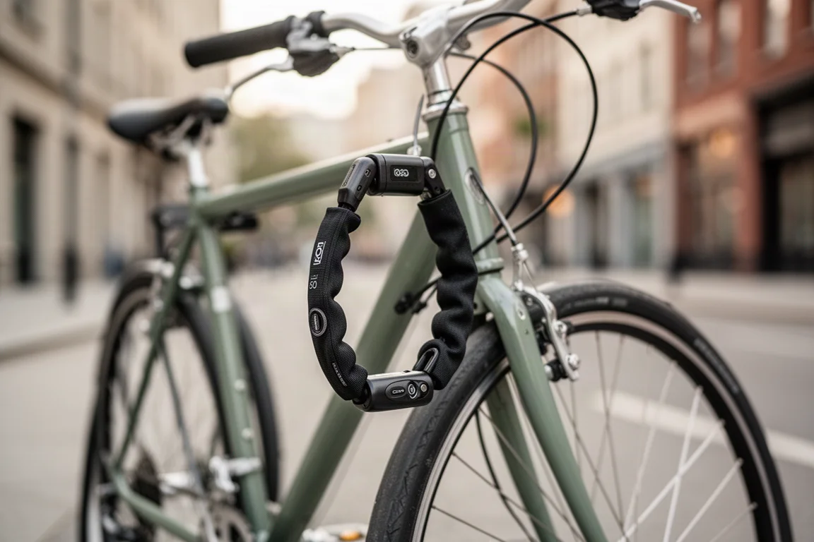 Trava dobrável de segmentos presa ao quadro de uma bicicleta de deslocamento em rua urbana