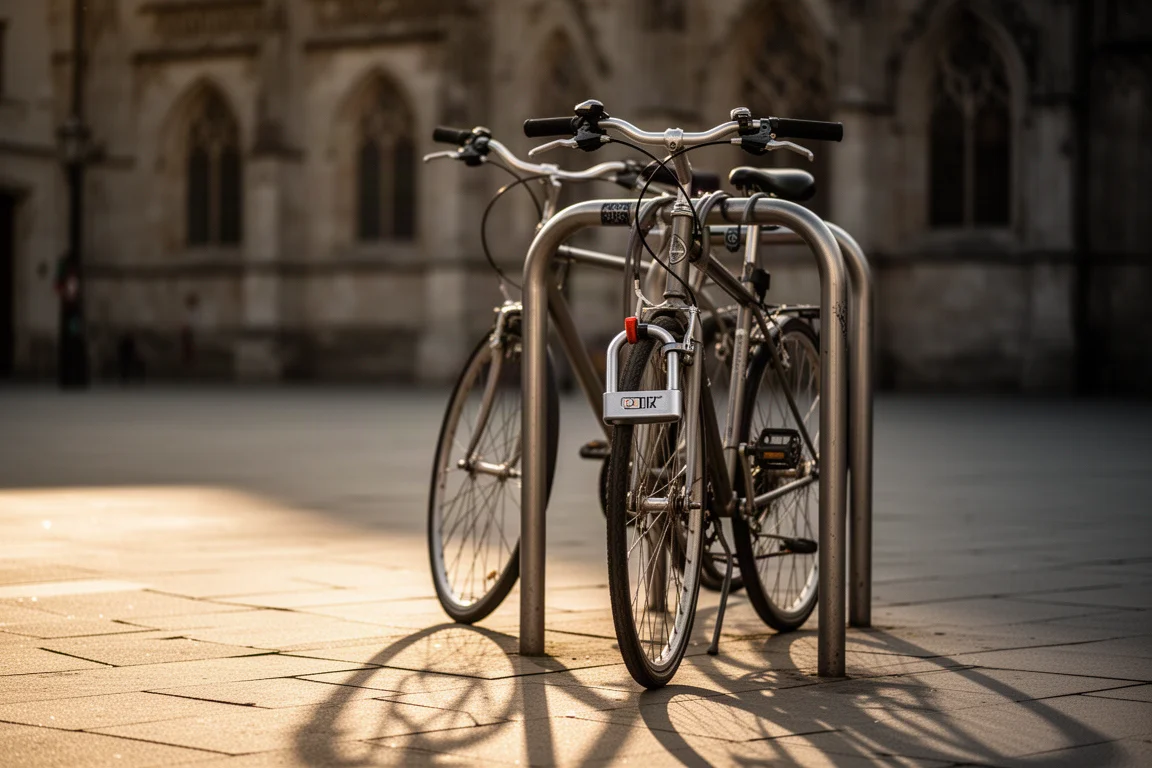 Bicicleta presa a um suporte de rua com uma trava em U pesada na hora dourada