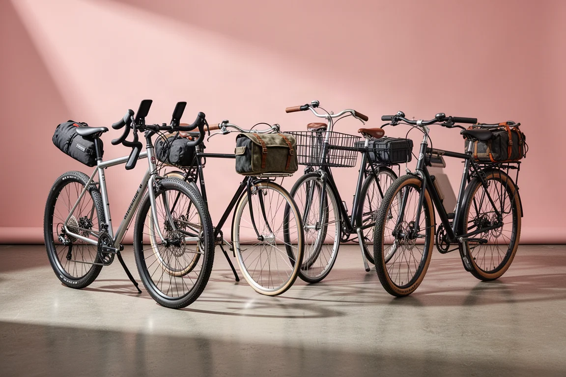 Four loaded touring and gravel bicycles arranged on a matte concrete studio floor