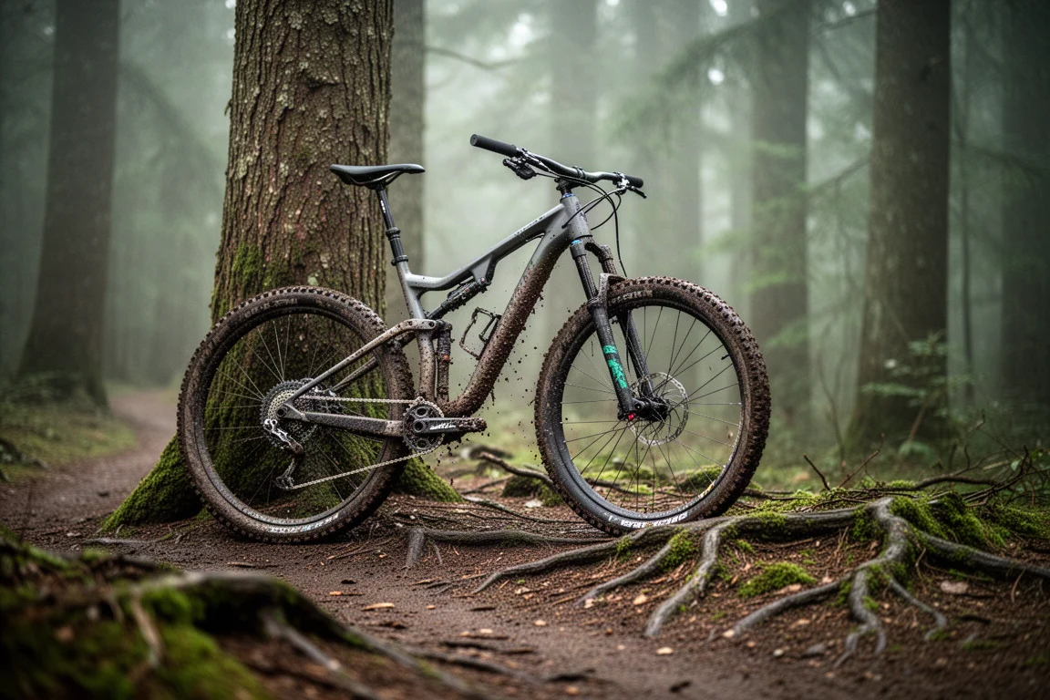 Mountainbike lehnt an einem Baum am Trail, Schlamm an Reifen und Kurbeln