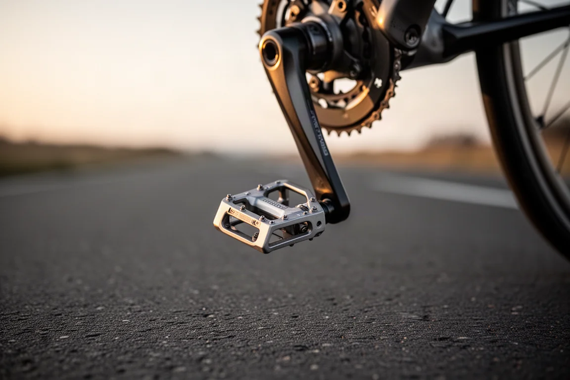 Rennradpedal hängt unter einem Kurbelarm auf glattem Asphalt im Morgengrauen
