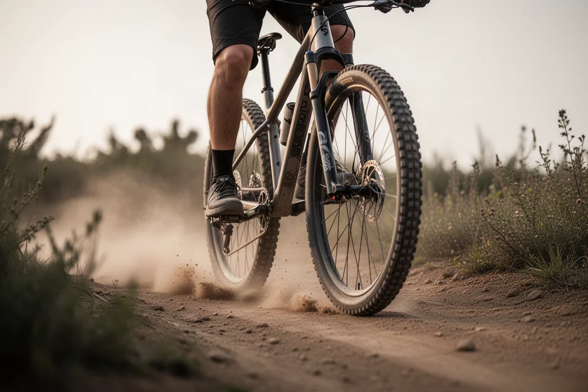 Mountain biker standing on flat pedals through a dusty descent at low camera angle