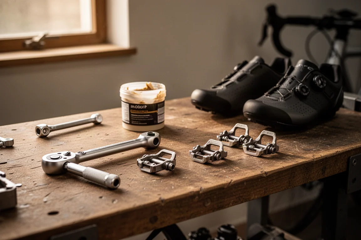 Bicycle workshop workbench with torque wrench, grease tub, cleats and cycling shoes