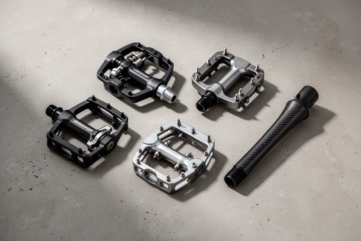 Four bicycle pedal systems arranged on a matte concrete surface under soft studio light