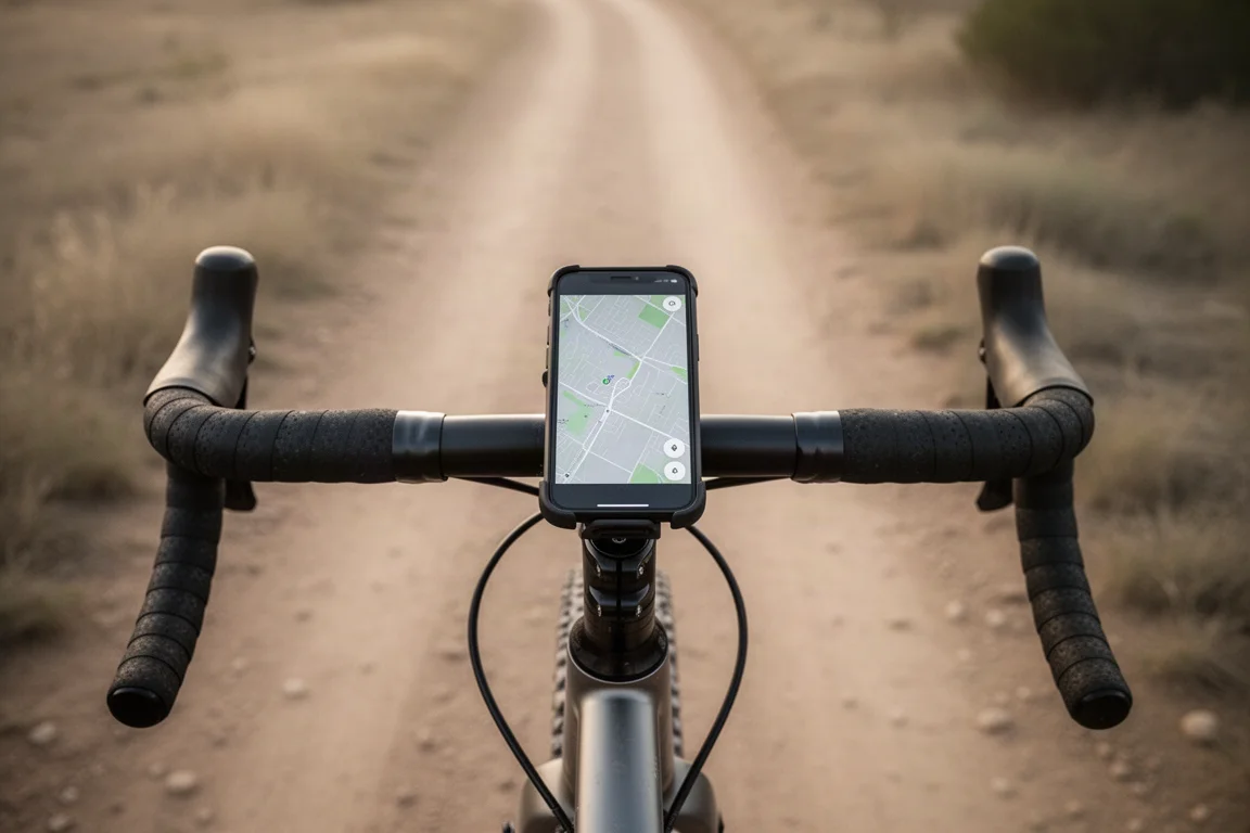 Radfahrer, der am Straßenrand anhält und ein am Lenker montiertes Handy prüft