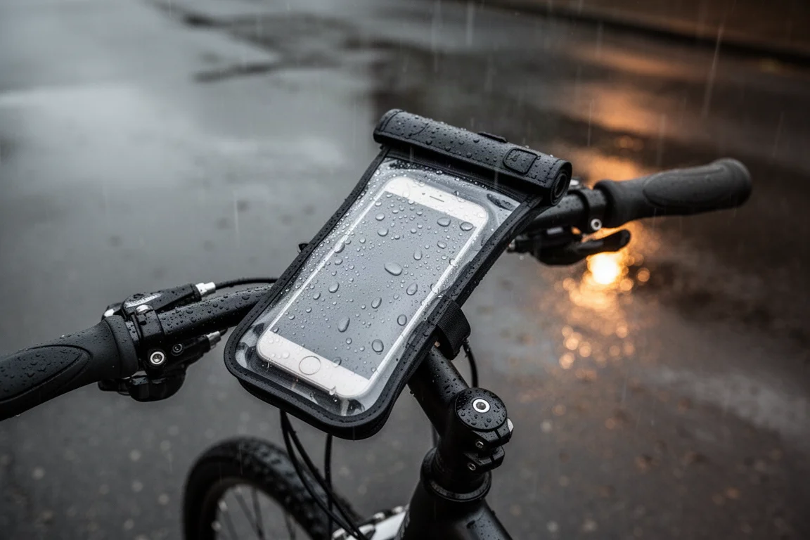 Smartphone, das fast bündig auf einem Fahrradvorbau sitzt