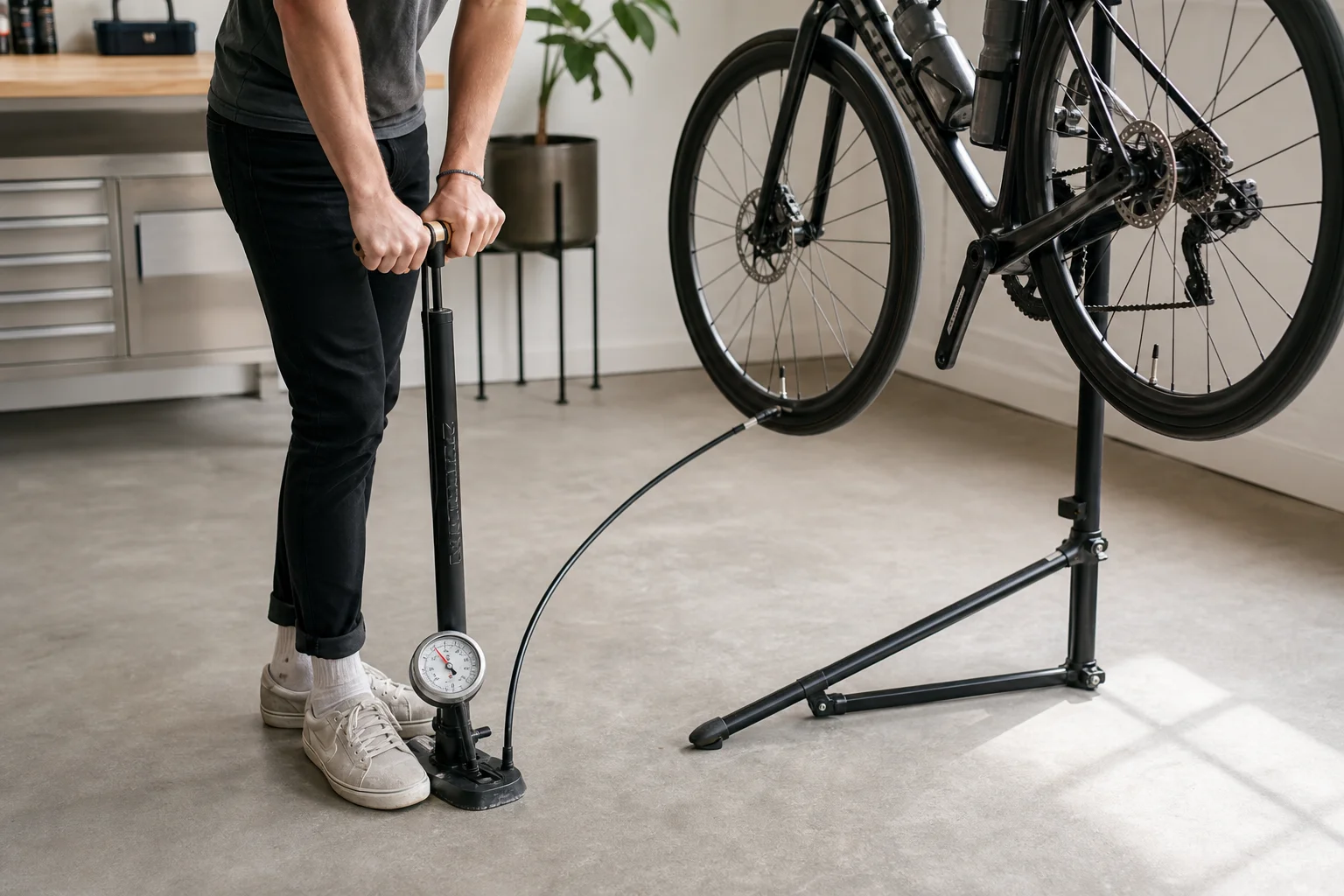 Ciclista comprobando la presión de los neumáticos con una bomba de pie en un taller doméstico