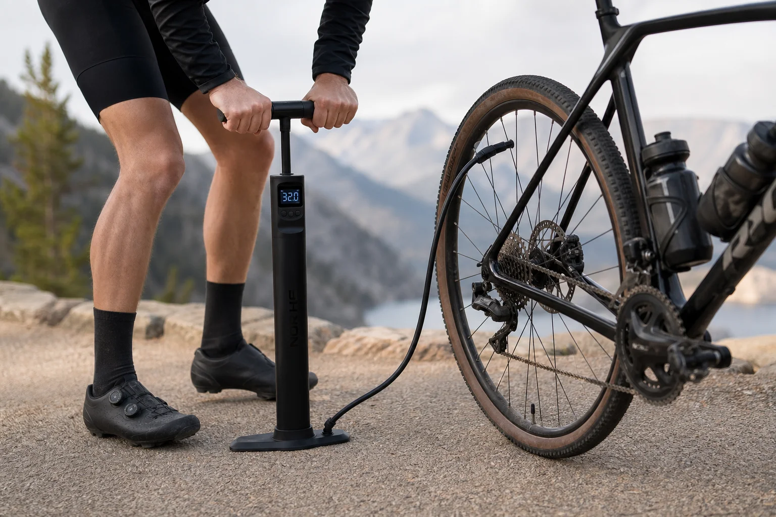 Ciclista usando una bomba compacta con manómetro digital en el inicio de un sendero