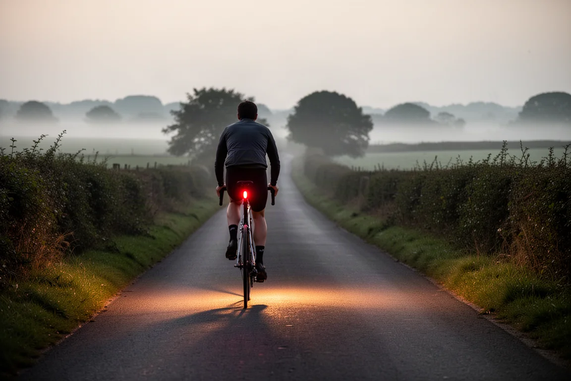 Ciclista che pedala su una strada di campagna al crepuscolo con una luce posteriore accesa
