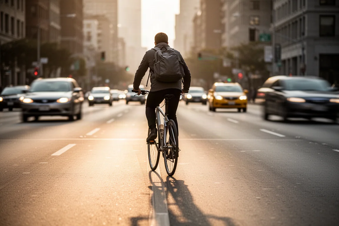 Ciclista che si sposta nel traffico cittadino nella luce dorata del tramonto