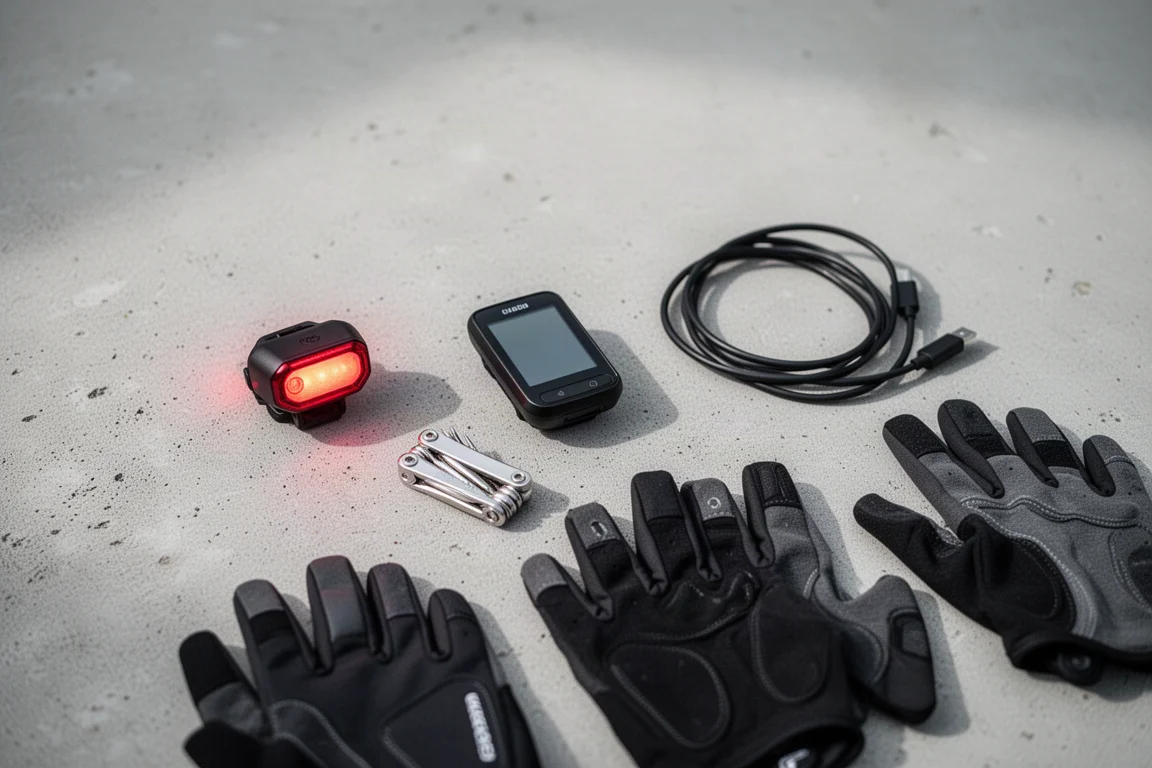 Vista dall'alto di accessori per la sicurezza in bici disposti su una superficie in cemento