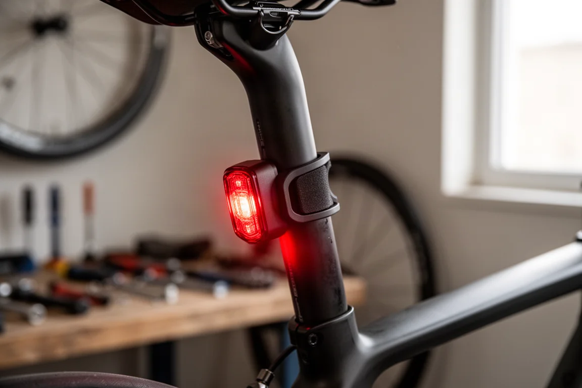 Zbliżenie na tylne światło z radarem zamocowane na aerodynamicznej sztycy roweru