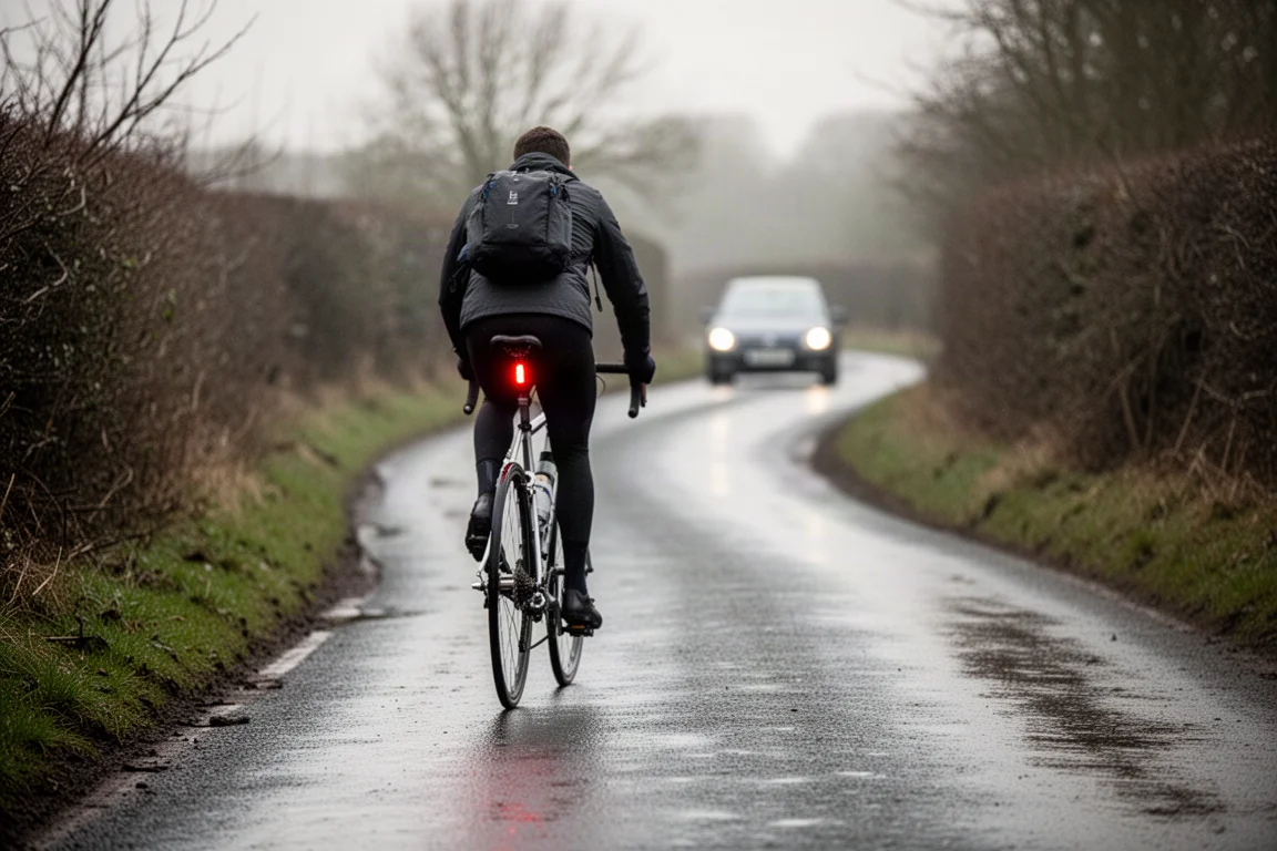 Rowerzysta na wąskiej wiejskiej drodze, a w oddali za nim czeka samochód