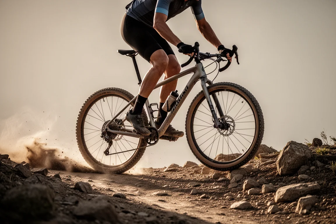 Gravelfietser die over een ruw rotsachtig pad rijdt met stof
