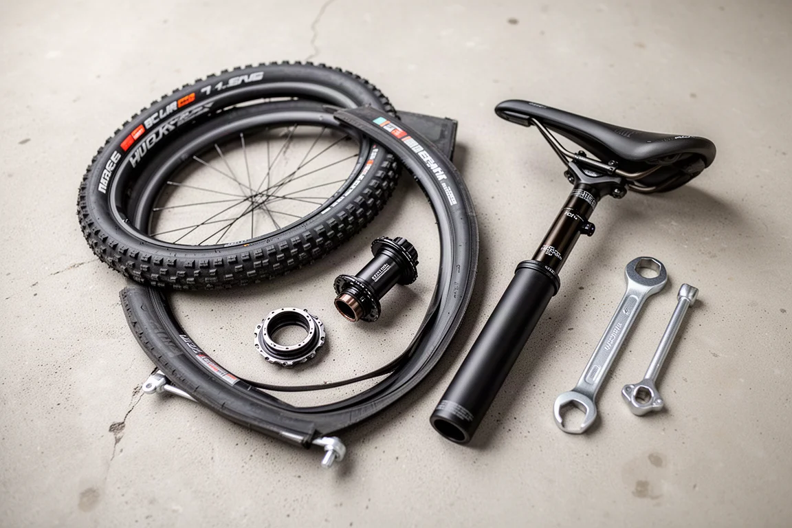 Flat-lay van fietsband, bottom bracket en verende zadelpen op beton