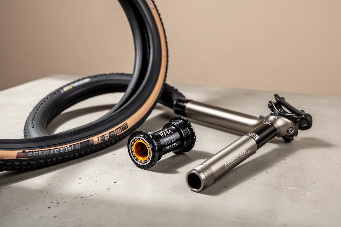 A race tire, ceramic bottom bracket, and suspension seat post on concrete surface