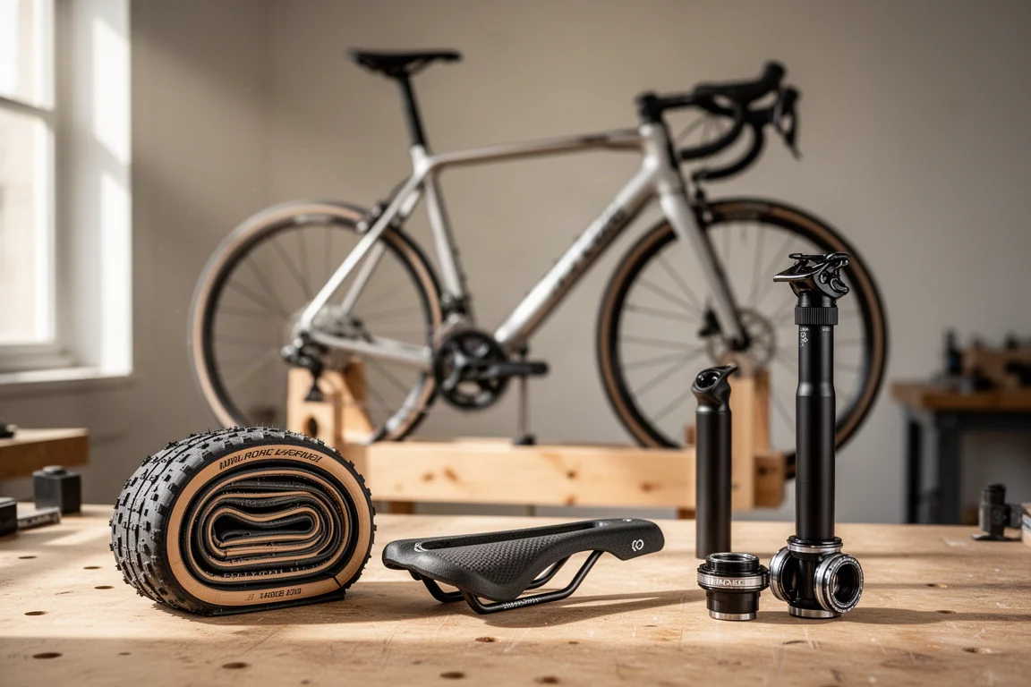 Vélo de route sur un pied d'atelier en bois, avec des composants d'amélioration disposés sur un établi