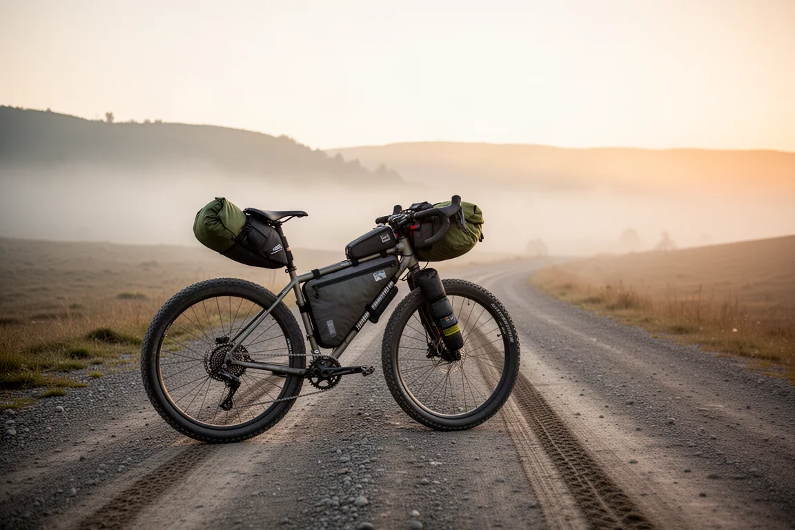 Załadowany rower bikepackingowy na odległej drodze gravelowej o wschodzie słońca, w tle zamglone wzgórza