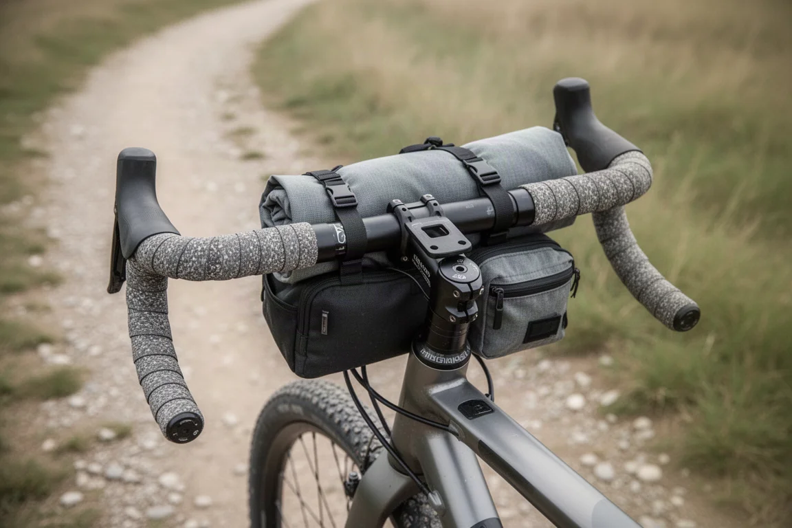 Rozkloszowana kierownica gravelowa z bikepackingową rolką na kierownicę i zamontowanymi akcesoriami
