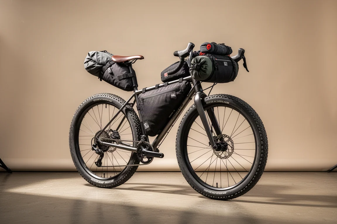 Packad bikepackingcykel med ramväska, styrrulle och sadelväska mot en neutral bakgrund