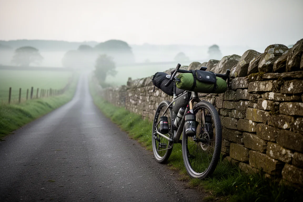 Beladenes Bikepacking-Rad lehnt an einer Steinmauer an einer ruhigen Landstraße