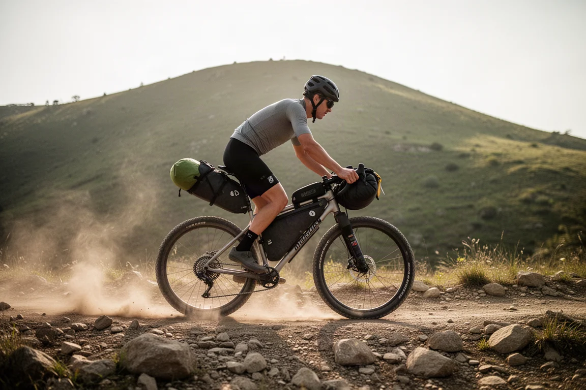 Gravel-Fahrer schiebt ein beladenes Rad bei Tageslicht einen felsigen Trail hinauf